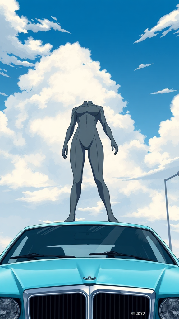 A anime drawing: A close up-cropped view one-piece tight-grey suit standing on top, legs split out on top of a car, looking front-ways