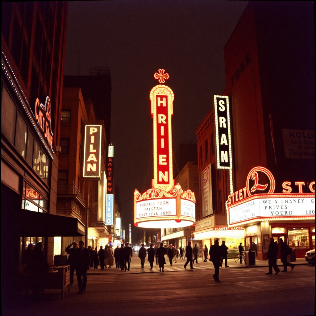 highly detailed Kodachrome color real photograph from 1974 of And the lamb lies down on Broadway  
Suzanne tired, her work all done  
Thinks money-honey-be on-neon  
Cabman's velvet glove sounds the horn  
And the sawdust king spits out his scorn  
Wonder women, you can draw your blind