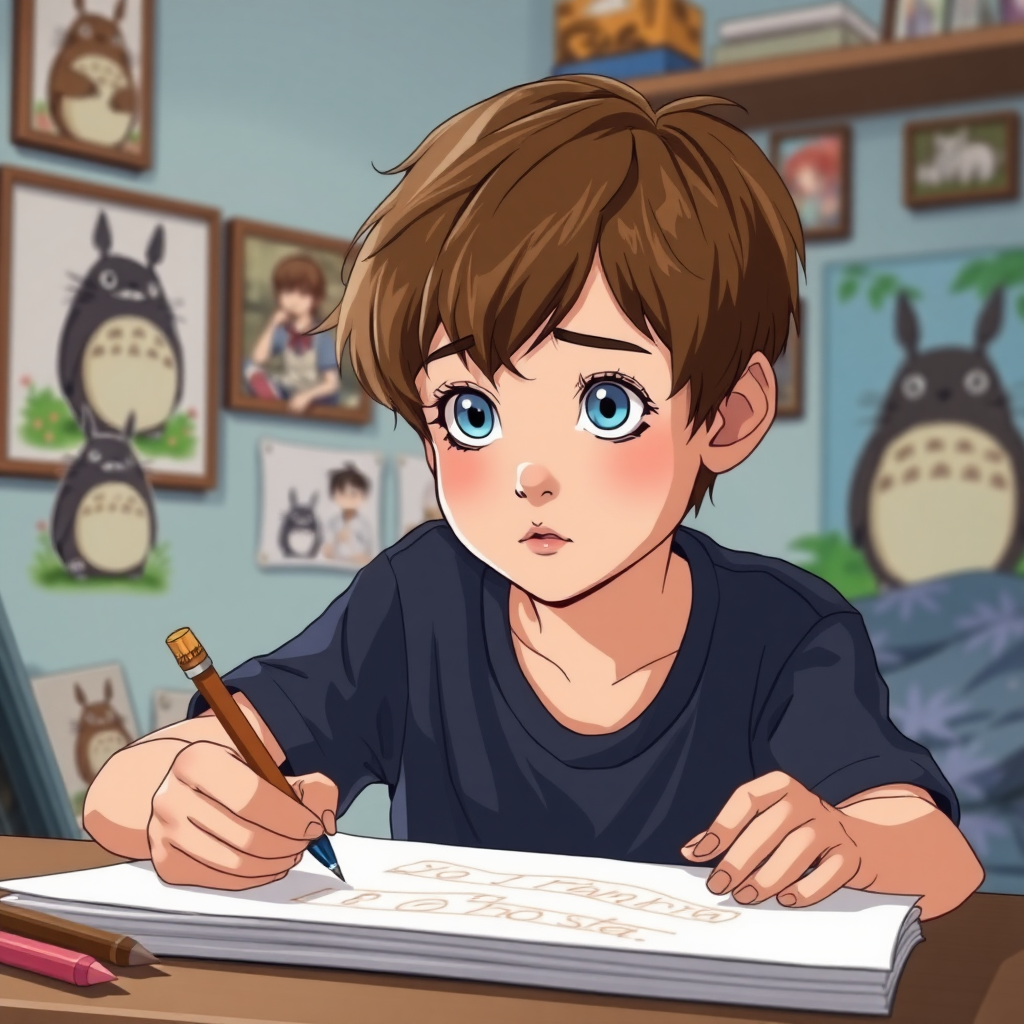 A 12 year old boy. He has blue eyes, brown short hair and he has a concentrated look. He is drawing in his room. He has Anime pictures on his wall. Anime, studio ghibli totoro style.