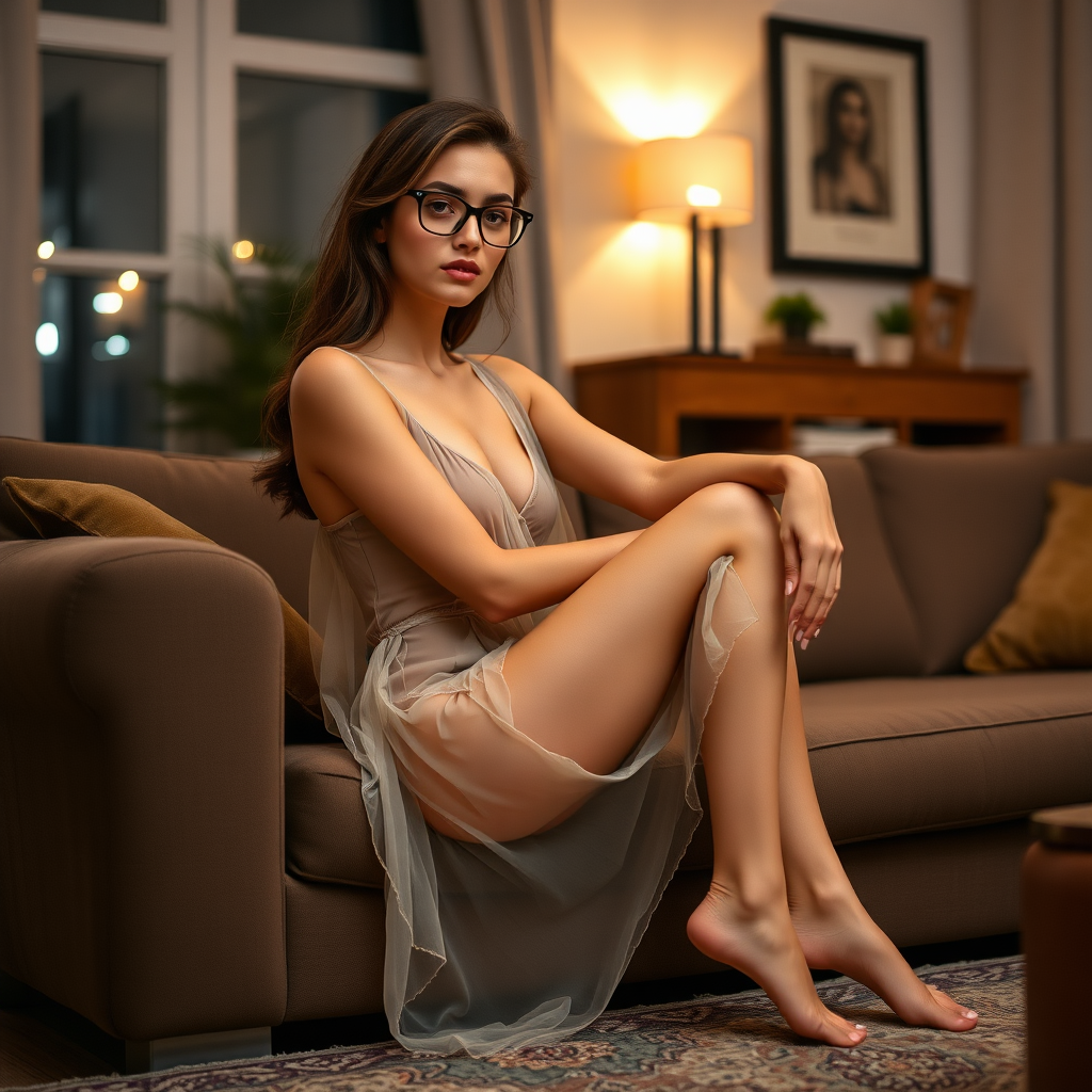 young european woman, full body shot, graceful figure, sexy, wearing glasses, sheer outfit, barefeet. around the age of 20 to 30. sitting on the couch in the living room. night, candle light.