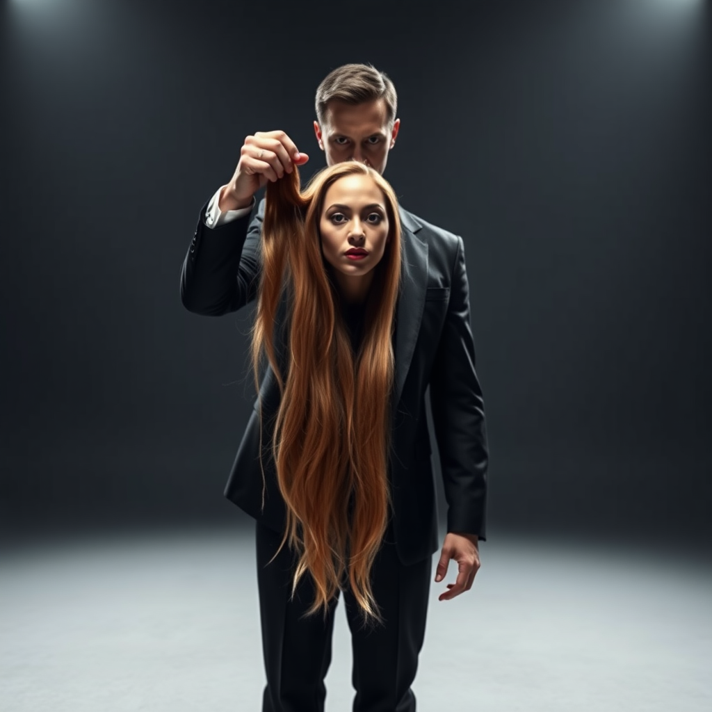 In a well lit performance space, a magician dressed in a sleek, tailored black suit stands center stage, exuding an air of mystery and theatrical flair. The atmosphere is thick with anticipation, as the audience holds their breath, captivated by the illusion about to unfold. The magician dramatically reaches into the shadows and, with a flourish of his hand, pulls forth the severed head of a strikingly beautiful Beyonce, her long, cascading hair shimmering like silk and flowing down in an ethereal cascade.

Her lifeless gaze seems to flicker with a haunting enchantment, the vibrant color of her hair contrasting sharply against the stark, plain gray background that envelops the scene in an eerie calm. The magician grips her long, luxurious hair firmly, lifting her head to the camera, showcasing the intricate details of her pale skin, perfect porcelain features, and subtly painted lips. The juxtaposition of life and death creates a chilling yet mesmerizing effect, stimulating both curiosity and disbelief among the audience.

The room is filled with a tense stillness, the silence punctuated only by the soft whisper of fabric as the magician's fingers brush over the strands of hair, showcasing the surreal nature of the trick. Soft spotlighting highlights the magician’s intense expression, adding an ominous tone to the performance, as if he is in complete control of not only the illusion but the very essence of life itself. The minimalist decor enhances the focus on the central display, allowing the unsettling yet captivating image to linger in the minds of all who witness this bold act of theatrical illusion.