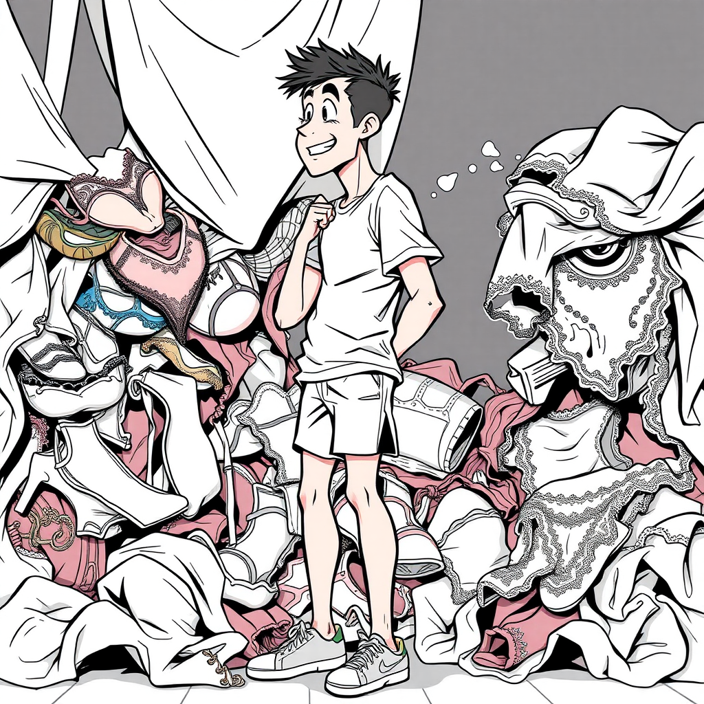 nervous short 20 year old european skinny man, short white t-shirt, standing, stunned, mesmerized, joyful, aroused, heavy drooling, heavy sweating, fumbling through a pile of sexy woman heavily stained worn lingerie, detailed fabric, side view, sneakers, detailed feet, 2D, caricature, cartoon, Sketch lines, coloring book, coloring book