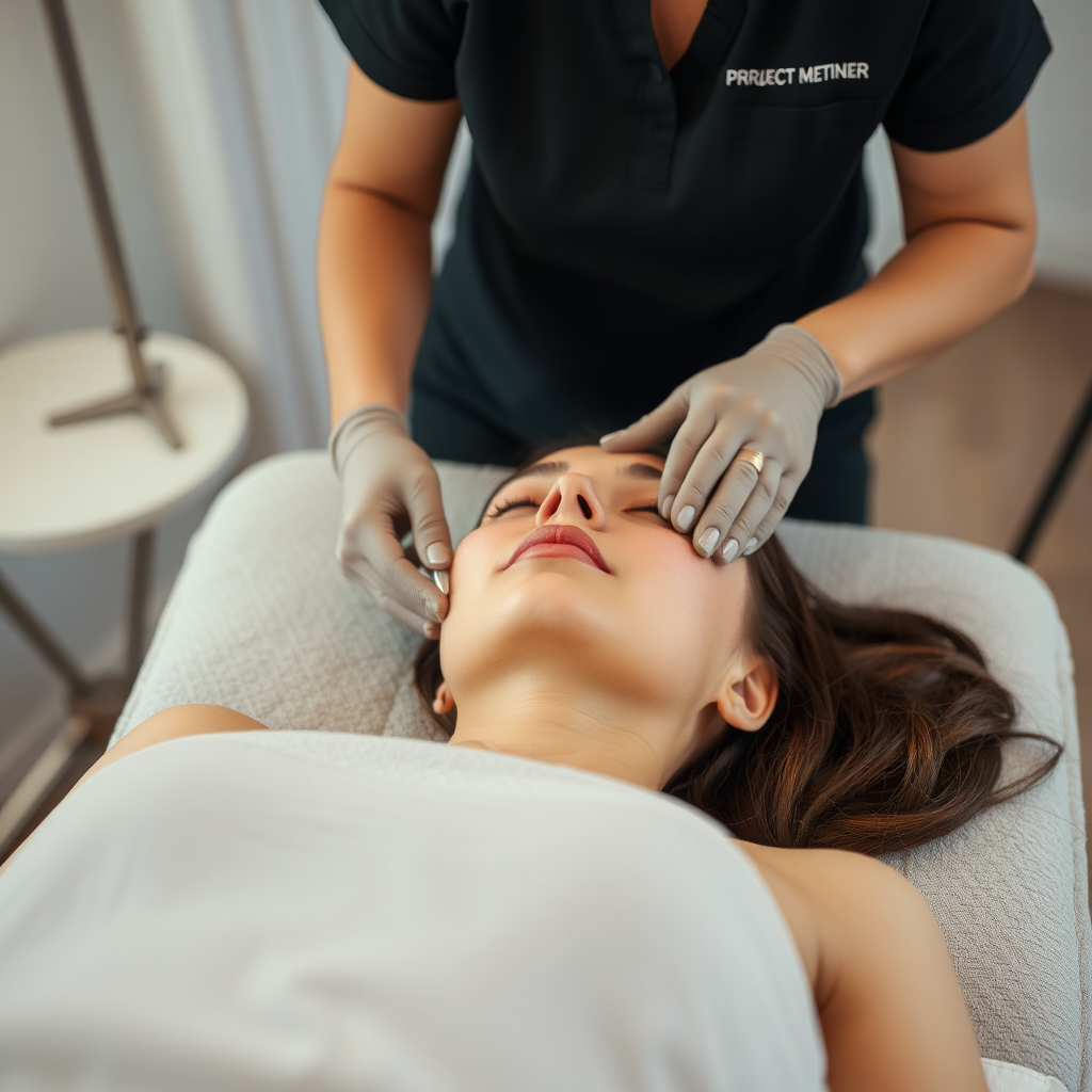 Someone getting waxed. She is lying on a couch. From the perspective of the practitioner.