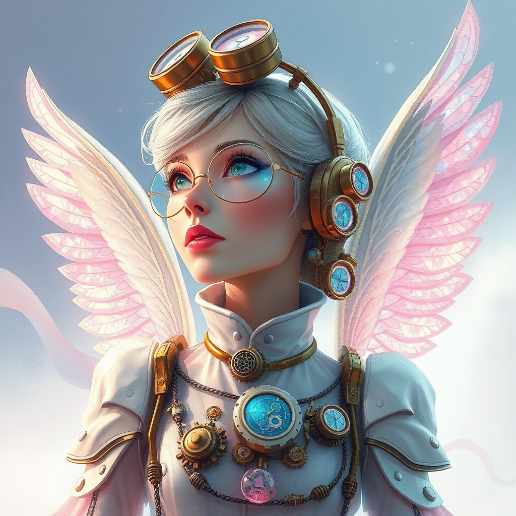 An enchantingly futuristic steampunk interplanetary ambassador gazes into the distance, adorned in delicate pastel tones that contrast against the intricate metallic gears and pipes adorning their attire. This captivating image is a digital painting that captures every minute detail with stunning clarity and precision. The ambassador's shimmering holographic communicator reflects the soft light, while their shimmering wings made of metallic feathers add a touch of elegance to the scene. Each element in this image tells a story of a world where technology and magic coexist in perfect harmony, inviting viewers to delve into a realm of endless possibilities.