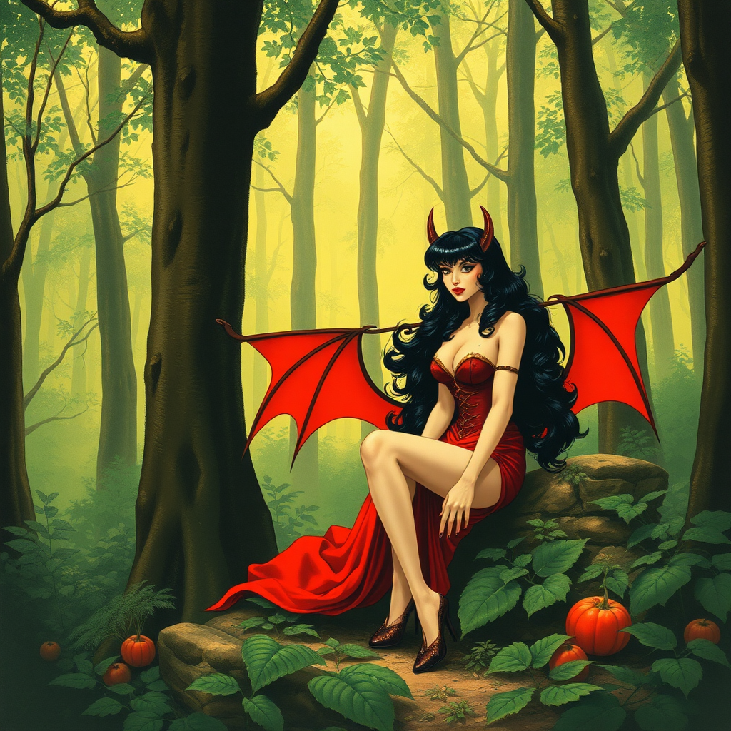 A classic forest scene with Vampirella. The scene is lush with the art styling of Linda Ravenscroft.