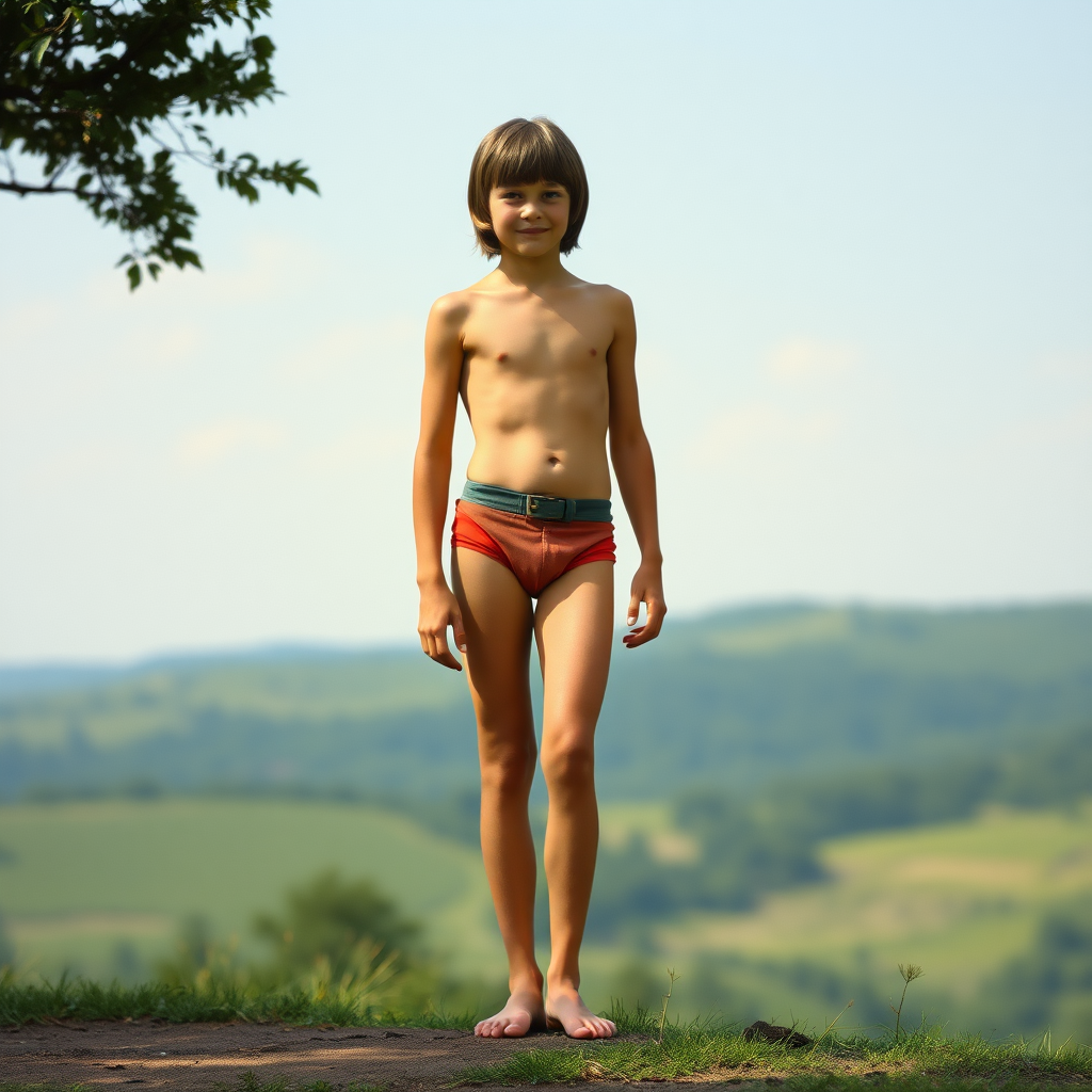 A skinny 14yo teen boyscout, long hair bowl cut, wearing tight narrow speedo, long legs, narrow thighs. full-length view. 1970s. art-photorealistic, by Pierre Joubert, ultra high resolution, 16K, background, landscape, stunning, highly detailed. An atmosphere of freshness and joy. HTML_web_color_name='peachpuff', Negative: grainy, blurry, bad anatomy, extra limbs, watermark.