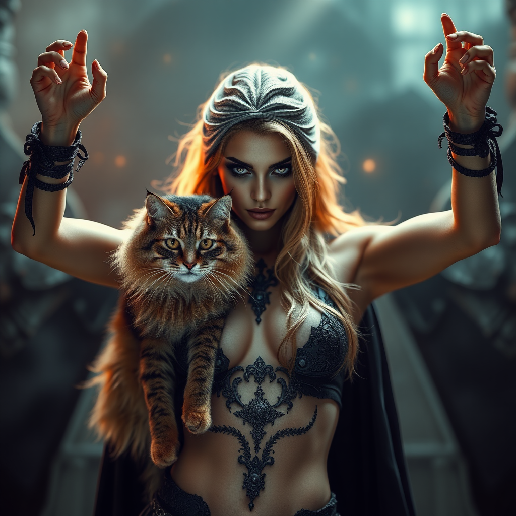 imagine: Terrifying sorceress looking sexy and irresistible. Her body is preternaturally perfect. Staring directly into the eyes of the viewer. Arms up high. She has a brown Siberian Cat as a familiar. Perfectly staged scene of sorcery and companionship filled with insane details.