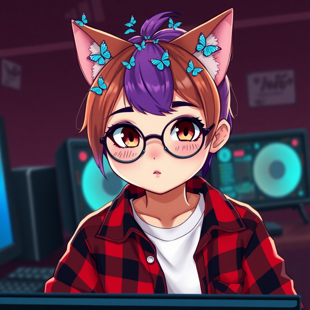 female lesbian cat-boy flat chest serious chestnut color with small blue butterflies on the head, a round face, with a purple undercut hairstyle, hazel eyes, dimples on the cheeks, chubby cheeks, with semi-round glasses, a red and black plaid shirt open with a white t-shirt, in front of a gaming PC, in digital art