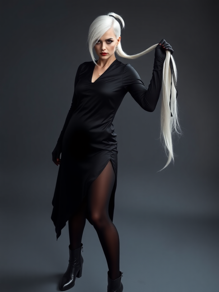 mature adult woman, skinny and tall, long legs, large shoulders, teardrop saggy small breast, long asymmetric undercut layered white hair, side swept bang, long white ponytail tied with a black lace, beautiful detailed face, piercing red eyes with intricate iris details, looking at the camera with a serious expression, wearing gothic style, black silk long sleeve top, black silk long skirt, black pantyhose, black gloves, black ankle boots, standing in a fierce pose with her head held high