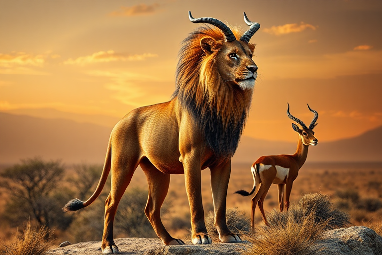 A photorealistic full-length image of a lion possessing the musculature and silhouette of an antelope, its head remaining intact complete with facial features, skin, and fur. The background should draw inspiration from both the lion and antelope, seamlessly blending their distinct characteristics to create a visually striking and cohesive scene. The lion's mane should flow gracefully, contrasting with the antelope's sleek, streamlined form. The landscape should feature elements found in the habitats of both animals, creating an imaginative and naturalistic environment. Attention to detail is essential, ensuring the fusion of these two distinct species appears seamless and believable.