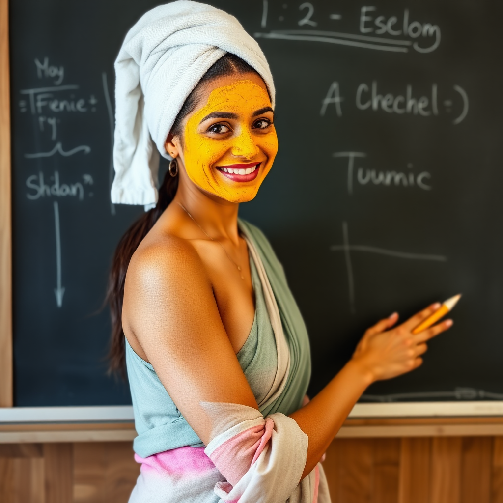 slim, 30 year old, sexy, french female school teacher, saree, towel head, turmeric face mask. She is smiling and teaching on a blackboard