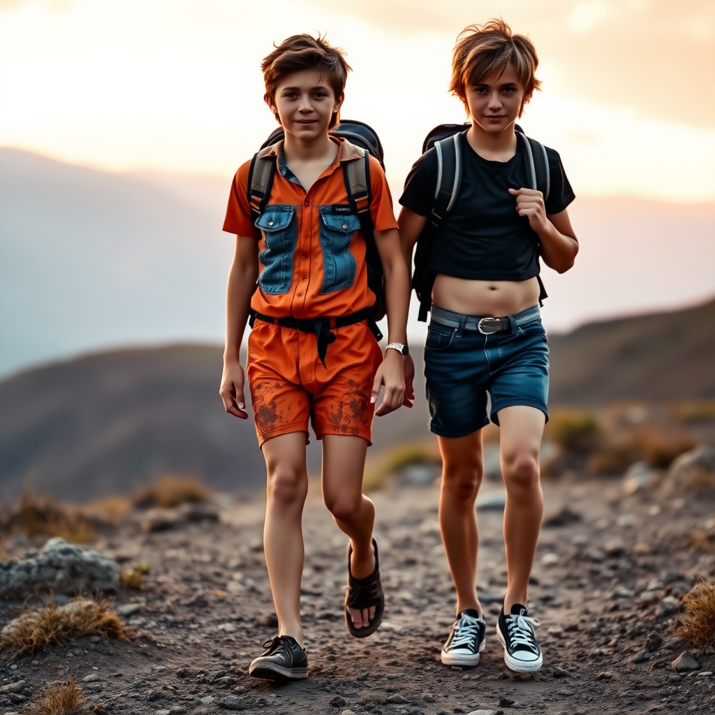 A top model 14yo teen boy, brunette, long layered haircut with a messy hair, wearing a denim tight short shorts, a crop top, Black converse all star shoes, with a hiking backpack on his shoulder, he is helping another 14yo teen boy to walk back to his camp. The second boy is wearing tight short shorts orange inmate outfit, he is dirty, covered with mud, barefoot. They are walking in the mountain, at sunset. Both of the boys are looking at the camera. long legs, bare thighs. Vintage photograph, 1980s.