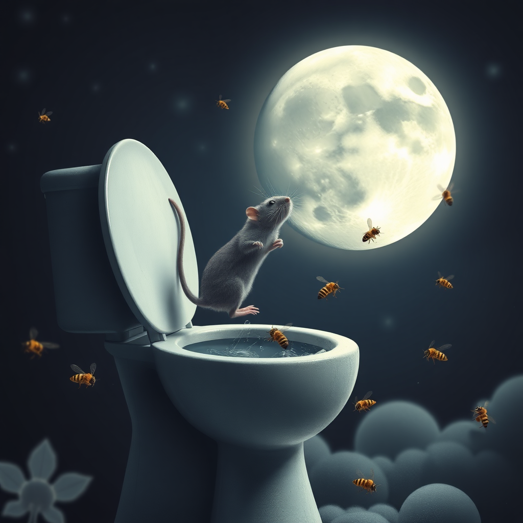 A rat diving off the moon into a toilet, bees