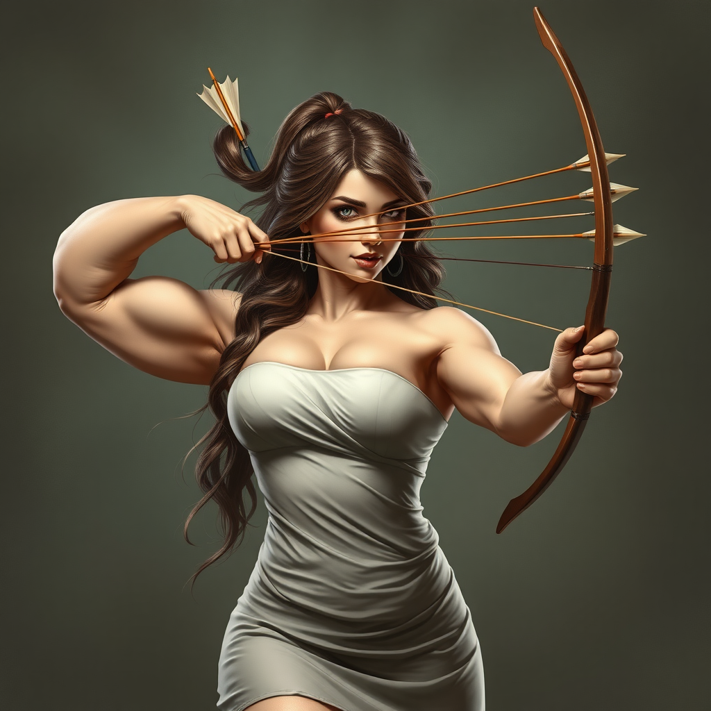 huge massive strong muscular bodybuilder girl, strapless dress, archer throwing arrows