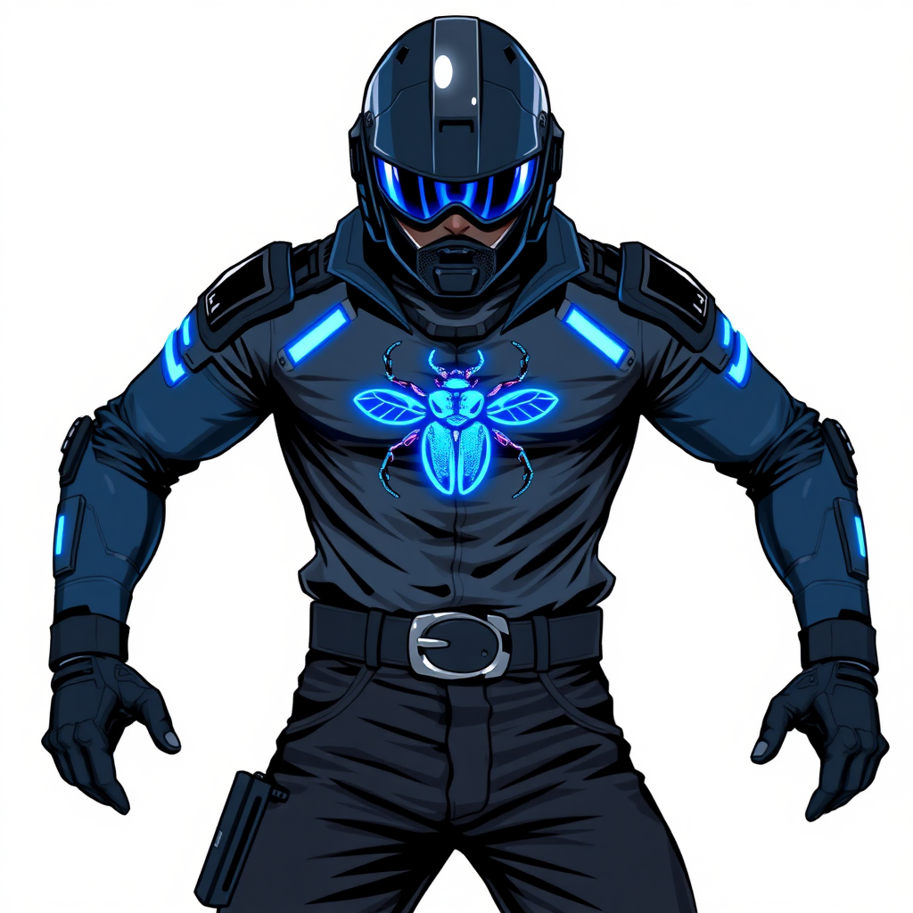 A 28-year-old cyberpunk vigilante stands heroically, clad in a high-tech, maximum blue biker shirt featuring a neon blue glowing beetle on the chest. They wear black biker pants, a black belt with a sapphire beetle buckle, and a maximum blue full helmet with neon blue glowing lenses. Their hands are protected by black metal gloves, all set against a solid white background. He is drawn as if he was in a retro 2D cyberpunk fighting game.