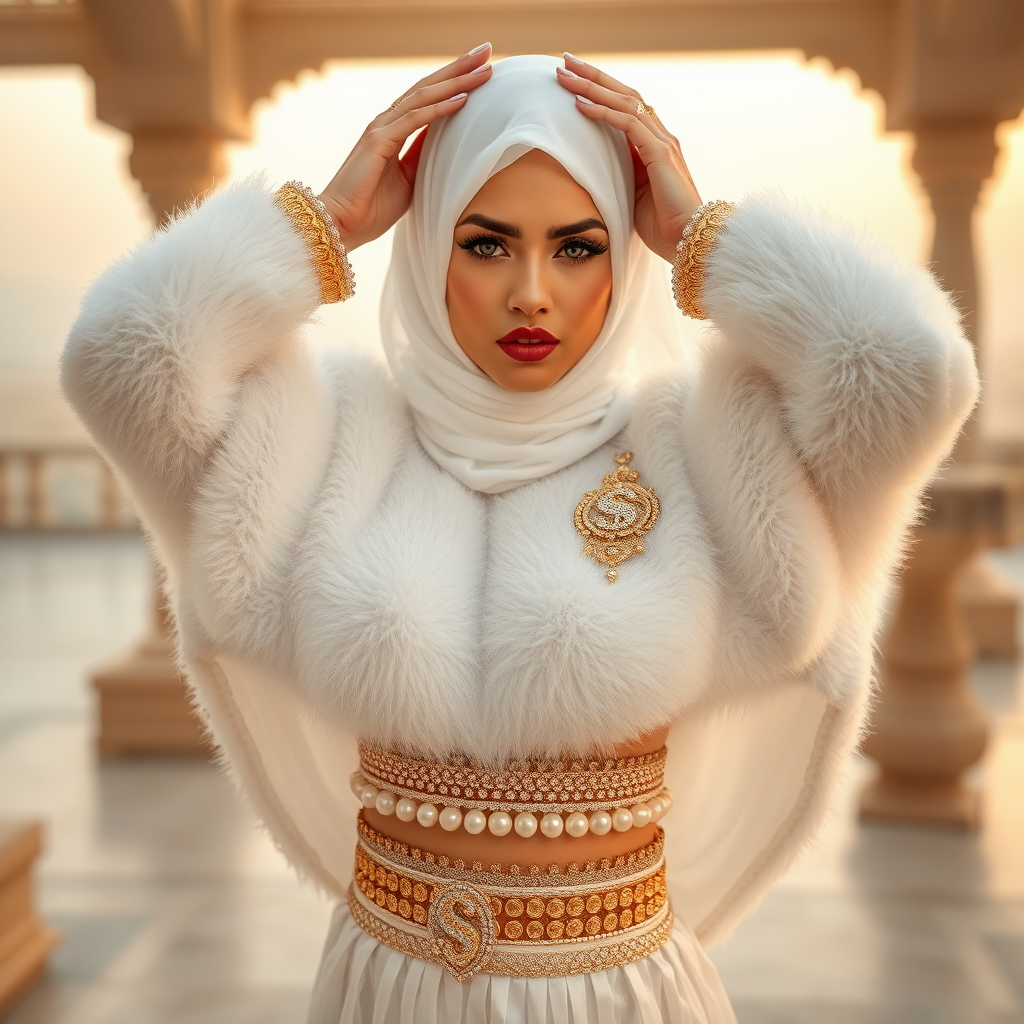 Kuwait desert palace harem patio misty dawn: Melissa, European 17 years old very convincing femboy “trophy-bimbo”, tamed servile docile, very beautiful feminine flawless face, rather short, by hormones very curvaceous womanly figured, heavily made-up eyes, wearing Supertanya-style fluffy very fuzzy bright white angora turtleneck-poncho cropped ending under bust decorated with pearls and gemstones, striking oriental wide gold bridal protection belt, white fully transparent harem pants, full Oriental bridal jewelry, face covered by white sheer full Burka, coin anklets, striking diamond “$$$” letter brooch on left chest, pout frustrated, seductively dancing hands over her head, looking at camera. Focus on face and turtleneck-poncho.