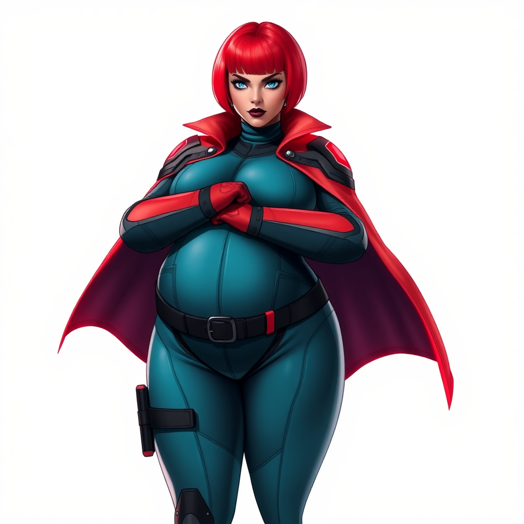 A 26-year-old, heavily-pampered, full-figured, mystical vigilante detective ally of her cyberpunk vigilante older brother figure with a bright red bob cut, black lipstick, and piercing bright blue eyes. She has a new non-athletic build, now highlighted by a prominent, round, gargantuan midsection (with the full emphasis on her gargantuan belly), which shows the aftermath of her pampering. Despite her new physique, she displays her usual confidence. She wears a huge, high-tech, tight-fitting, maximum turquoise biker suit (accentuating and emphasizing her gargantuan belly), complemented by a glowing neon red cape and high-tech red gloves. Her stance is firm and resolute, arms crossed, exuding a no-nonsense attitude. Her costume reflects the influence of DC New 52 Prime Earth’s Phantom Lady, Jennifer Knight, while her pose embodies the moral ambiguity and determination reminiscent of DC’s Pax Americana’s The Question. She is on a solid white background. She is drawn as if she was in a retro 2D cyberpunk fighting game. She is clearly non-athletic, with a focus on her full-figured physique. Her belly is fully bloated to emphasize her non-athletic figure. Make sure that her biker suit covers all of her bare skin (especially her gargantuan midsection).