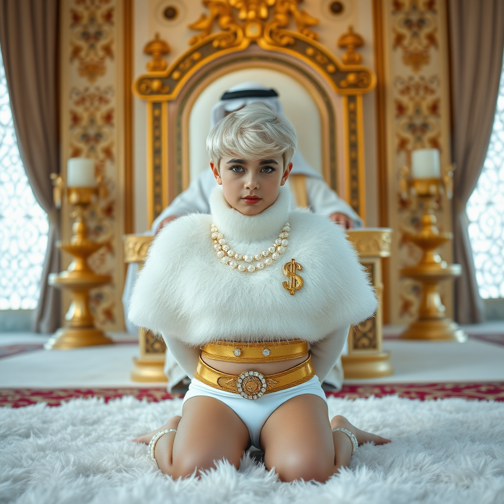 Kuwait desert palace throne room, old overweight mighty sheik sitting on throne. In front of throne, kneeling on white fluffy carpet: Melissa, European 14 years old very convincing boy “trophy-bimbo”, tamed servile docile, rather short, platinum blond short tight curls, heavily made-up eyes, wearing Supertanya-style fluffy very fuzzy bright white angora turtleneck-poncho cropped decorated with pearls and gemstones, striking oriental wide gold bridal protection belt, white fully transparent briefs, full Oriental bridal jewelry, white sheer full Burka, coin anklets, striking diamond “$$$” letter brooch on left chest, pout frustrated, hands tied behind back, looking at camera. Focus on face and turtleneck-poncho.