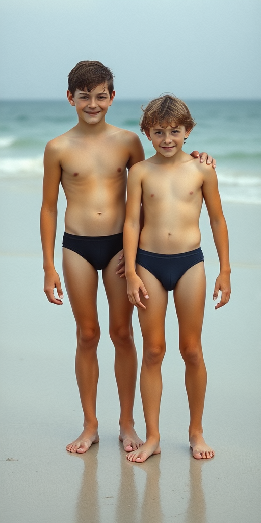 Two 13yo teen boys, wearing tight speedos, long legs, narrow thighs. Beach. full-length view. 1980s. photorealistic, ultra high resolution, 16K, Negative: grainy, blurry, bad anatomy, extra limbs, watermark.