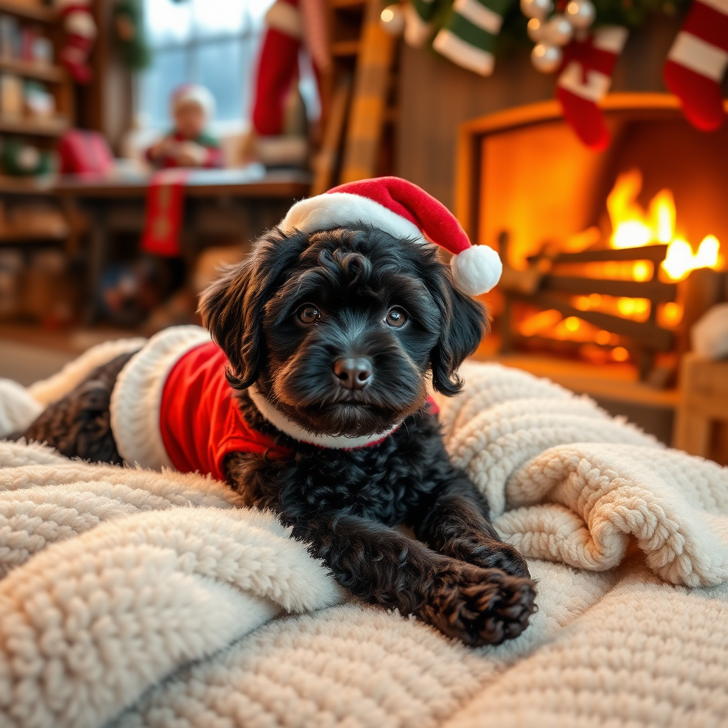 medium sized dark chocolate colored cockapoo, laying on super soft blankets, with a Christmas outfit, next to a roaring fireplace, in Santa's workshop