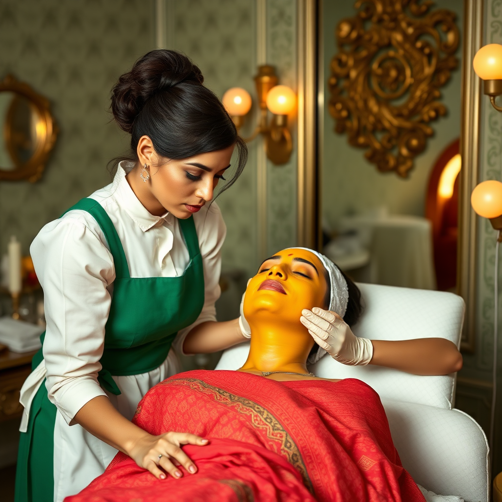 female french maids working in beauty parlour, giving turmeric facial to wealthy indian wife