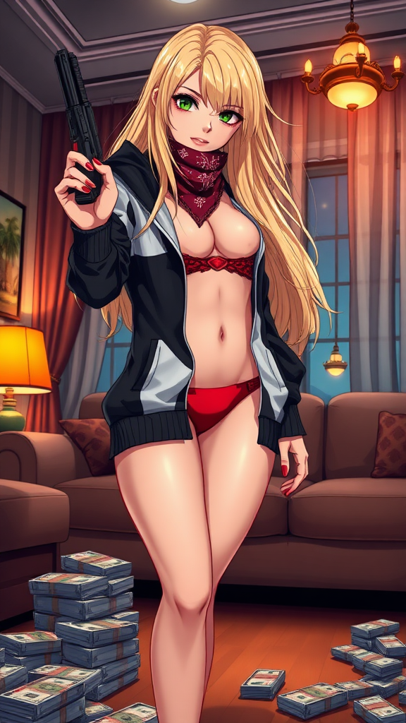 Background of a gang-living room in Miami Florida, Anime, a sexy seductive long-blond hair, green-eyes with makeup eyelashes, wearing a black-white-dark swagger hoodie under a red-bikini and red-gstring thong, red-nails, holding glock-gun in left-hand, bags of cash on floor stolen, bandanna over mouth, standing up