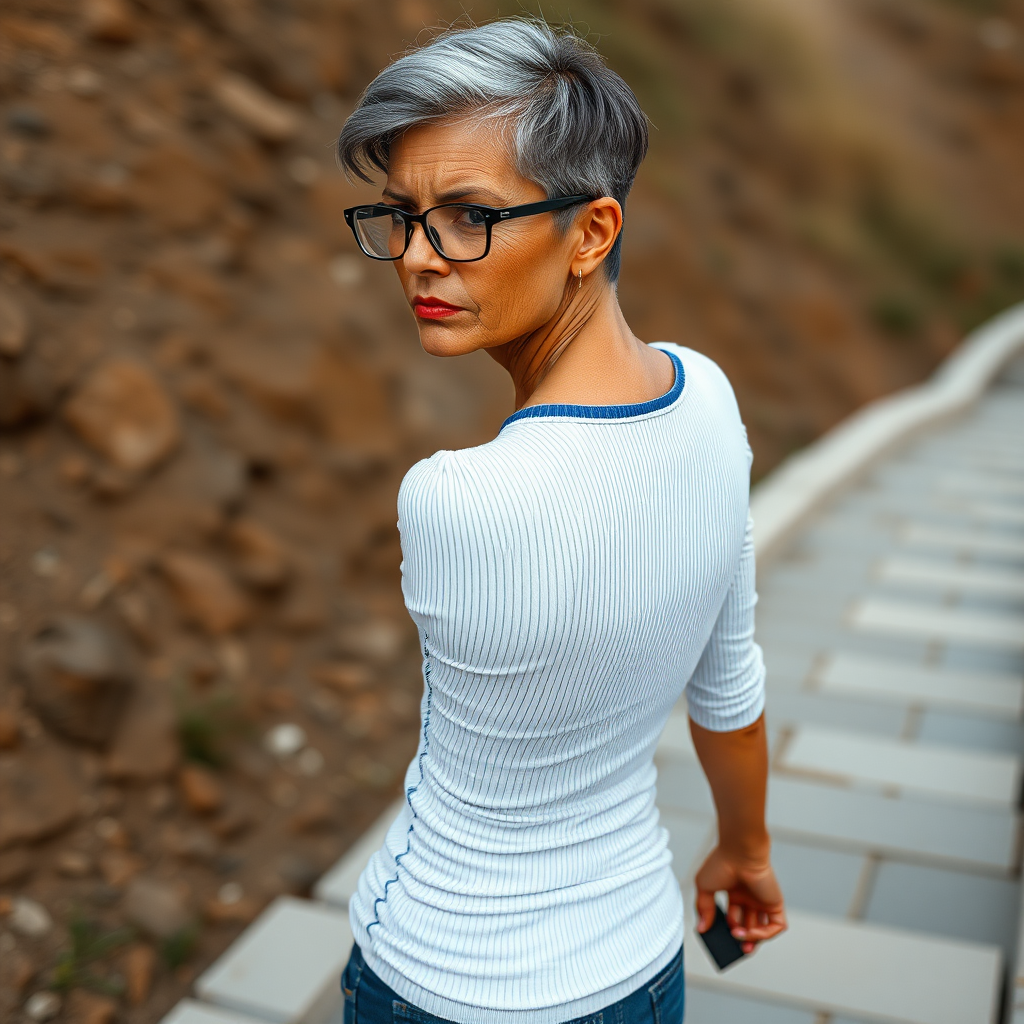 sexy Woman, 35 Years old, European, Latina, sharp aquiline nose, wrinkles, high cheekbones, Middle Eastern, Skinny, Tanned skin, Dark light skin, Makeup, Serious face, frowning, smirking, Ash dark grey hair, bowl haircut, Slicked short hair, Short hair, black eye color, Glasses, detailed features, tight white and blue striped shirt, tight jeans, long legs, high heels sandals, White hair, walking up a slope, full body, long establishing shot, back view