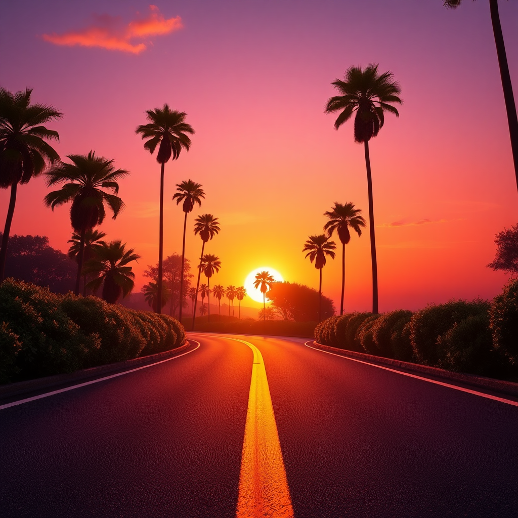 a tranquil sunset scene on a winding road, showcasing a low perspective view of the asphalt with a vibrant yellow line cutting through the center. Tall, slender palm trees on either side stretch upwards against a gradient sky, transitioning from deep purple to fiery orange and soft pink hues. Lush silhouettes of bushes and trees frame the scene, creating a sense of depth and tranquility. The setting sun is partially obscured, casting warm, golden light that highlights the texture of the road and offers a soft glow to the foliage. The overall composition exudes a dreamy, serene atmosphere reminiscent of hyperrealistic photography.Viral anime nature wallpaper quality