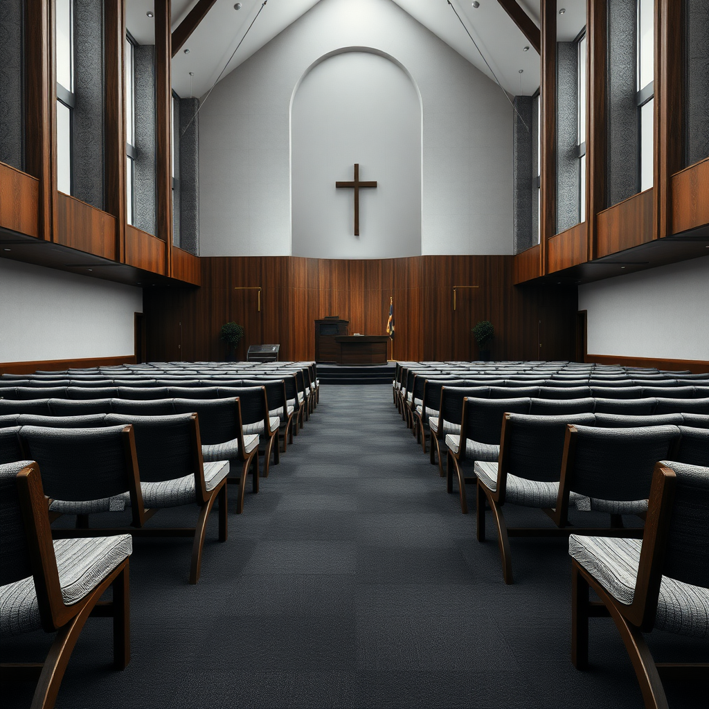 Give me grey fabric benches with a dark wooden frame that are inside a big modern church. The carpet of this church is dark grey. The front choir area has grey chairs. The pulpit is black. don't do chairs, do benches