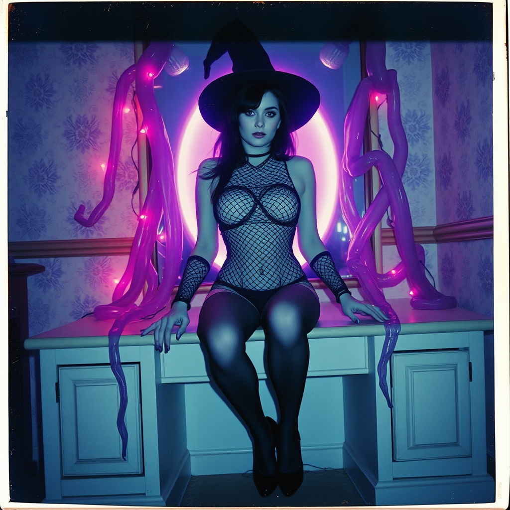 Scan of an nsfw old polaroid photograph with visible wear and heavy vignetting and blue color tint and light leaks, depicting a sexy pale curvy alt goth girl with black hair wearing skimpy fishnet black bodysuit and gstring revealing her nipples and wearing black stockings and high heels, sitting on a builtin vanity with mirror in old house with wallpaper on walls with her knees spread apart.  Camera flash used.  Dark lighting.  Moody and hazy.  Grunge look.  Erotic.  Nude. Pink Christmas Lights on wall.  She is wearing a witch hat and is being restrained by giant glowing translucent slimy jello like purple vines dripping goo coming from inside glowing purple portal in the mirror, wrapping tightly around her arms and legs and torso.  The vines are pulling her back towards the mirror.