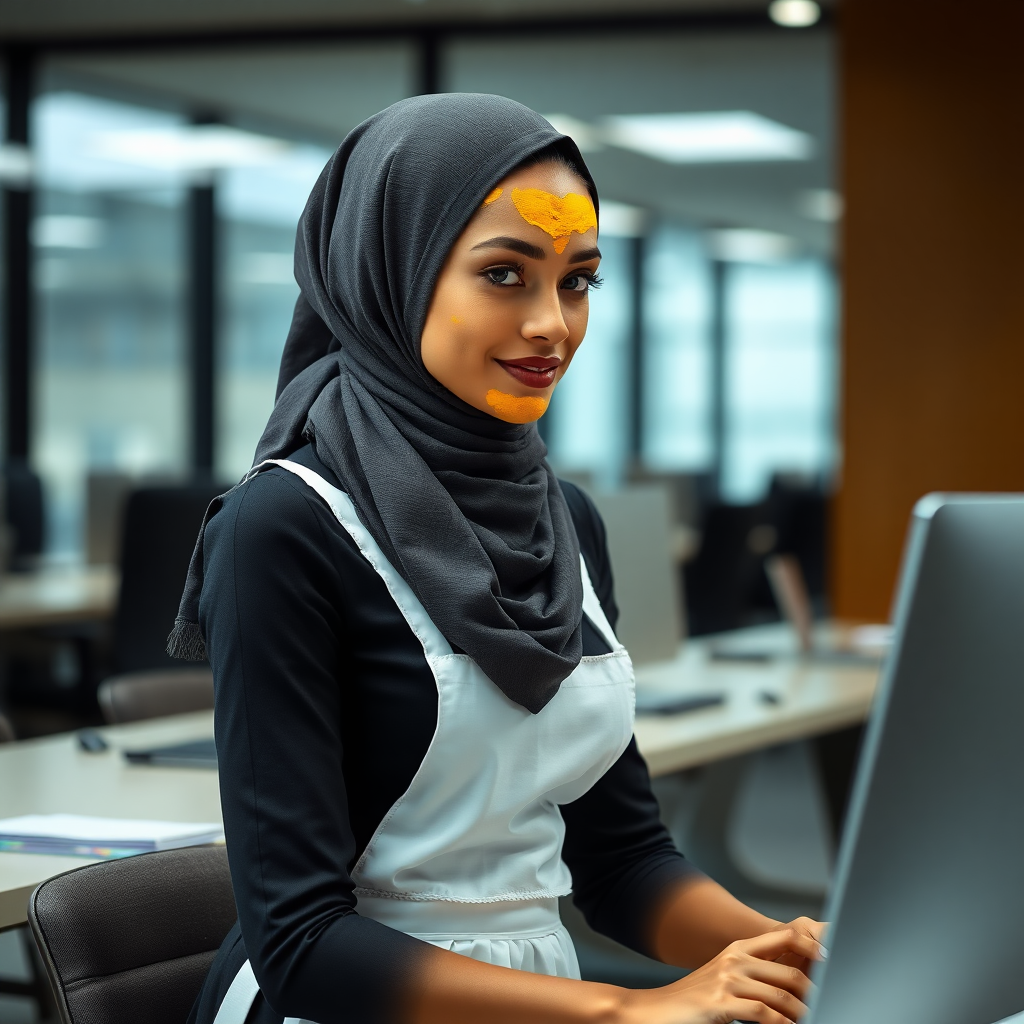 slim, modern, french maid, long scarf head, turmeric paste on face, working in office