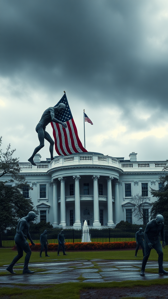 A terrifying zombie, having gained human consciousness, climbs to the roof of the White House, pulling down the American flag. It's a cloudy day, with dark clouds in the sky, and the ground is damp from recent rain. There are also zombie sentinels standing guard on the ground.