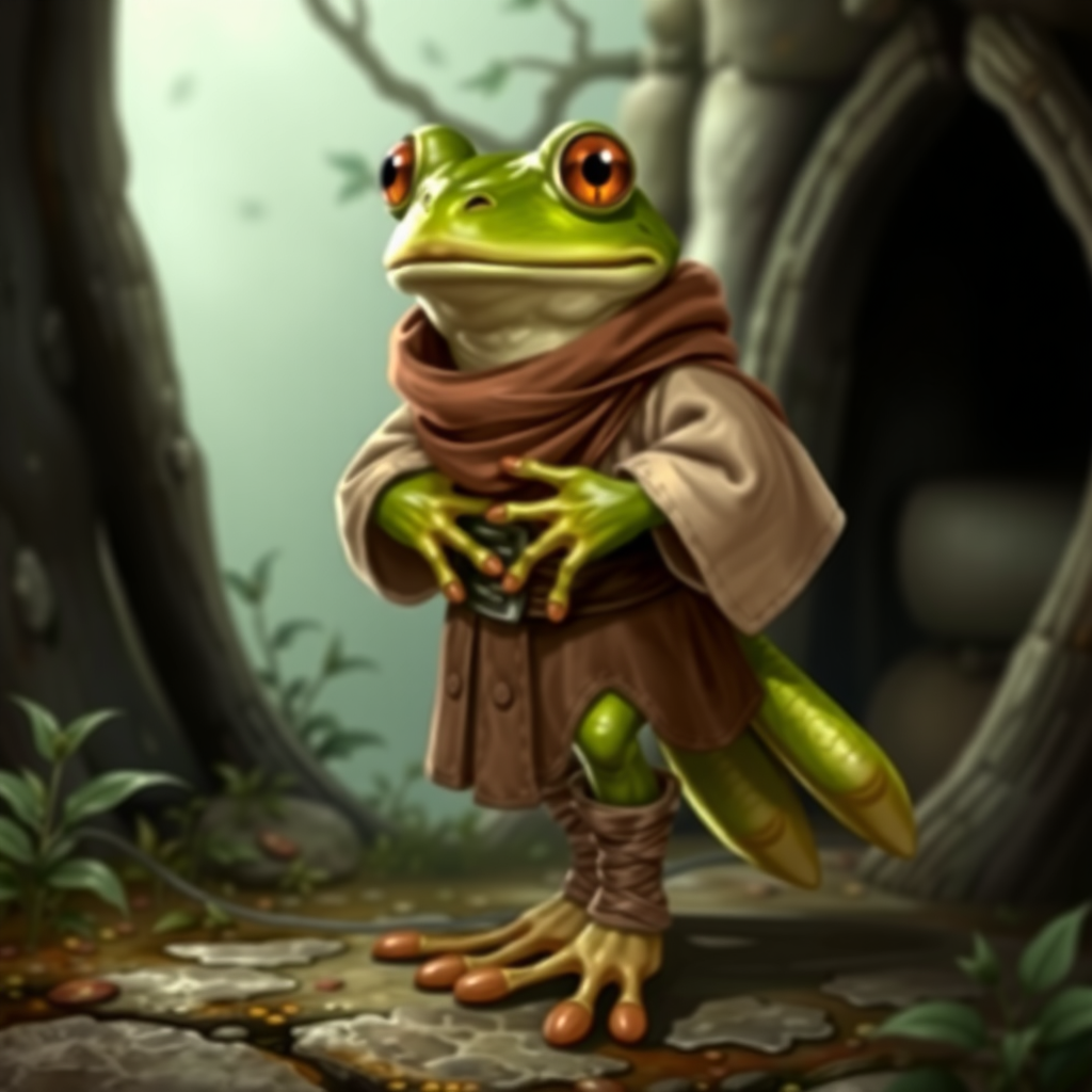 Anthropomorphic frog in a medieval setting and clothing and shoes