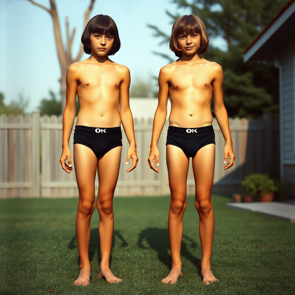 Two tall 14-year-old teen boys, long hair bob cut, wearing very tight briefs, long legs, narrow thighs, full-length front view. 1970s. Playing in the backyard. Photorealistic, ultra high resolution, 16K. Negative: grainy, blurry, bad anatomy, extra limbs, watermark.