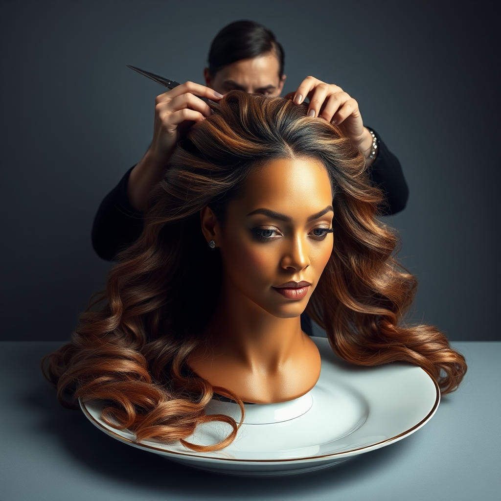 In a surreal and provocative scene, a beautifully tethered, disembodied head of Beyoncé rests gracefully on an elegant porcelain plate, her long, luxurious hair cascading like a waterfall of silky strands around the edges, creating a striking contrast against the stark, muted gray background. The sheen of her skin glows softly, exuding an air of ethereal beauty, while her chin rests directly on the plate, poised and serene. Behind her, a skilled hairdresser, clad in chic black attire, stands with a focused expression, gently teasing and arranging her magnificent hair with nimble fingers, creating intricate patterns that defy gravity. The atmosphere is oddly intimate yet surreal, blending an appreciation of beauty with an unsettling twist, as soft light casts subtle shadows, enhancing the textures of both hair and porcelain. The air is filled with a quiet stillness, broken only by the subtle sound of the hairdresser’s scissors snipping rhythmically and the faint fragrance of hair products mingling with the cool air, heightening the unusual but captivating atmosphere of the scene.