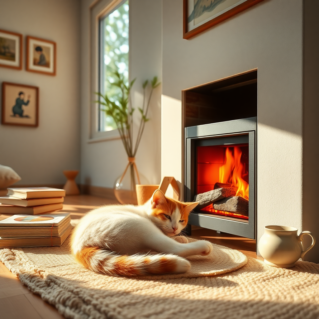 In the center of the image is your pet, possibly a cute little kitten or puppy, curled up on a soft mat beside the fireplace, eyes half-closed, enjoying the warm sunlight and the heat emanating from the fireplace. The flames in the fireplace flicker gently, and a few books and a small teacup are placed nearby, creating a cozy home atmosphere. The background features a minimalist indoor environment, with a few warm paintings hanging on the walls, and outside the window, you can see the leaves swaying gently, creating a tranquil ambiance.