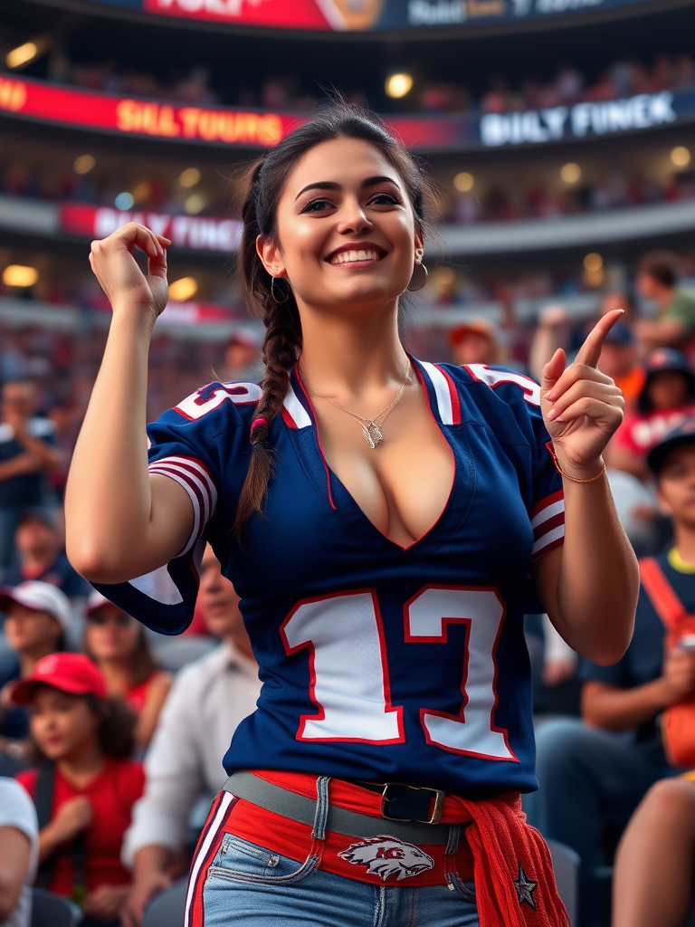 Very attractive female NFL fan, huge chest, jersey, cheering, pigtail hair, crowded stadium bleacher row