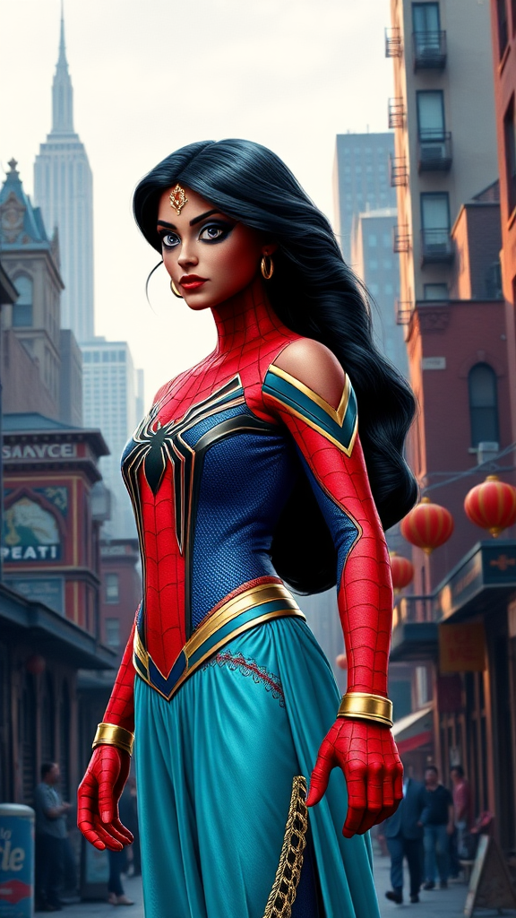 Generate a full-length rendered image of a hybrid character combining Princess Jasmine’s head and hair on a Spider-Man body. Retain Jasmine’s costume, adjusting it to fit Spider-Man’s proportions. Design the background by merging elements from Agrabah's vibrant markets and New York City's urban skyline, creating a seamless blend of both worlds. Capture the essence of both characters in a dynamic and visually striking composition.