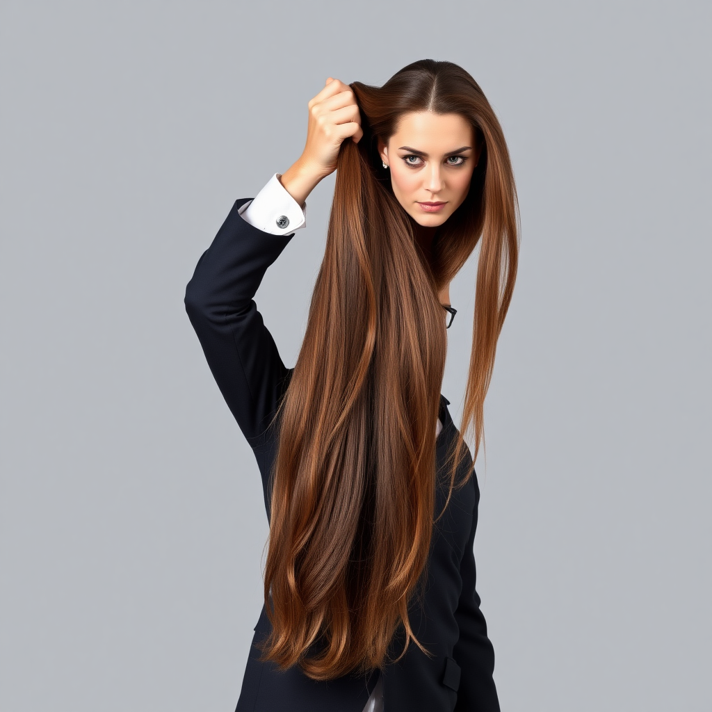 A surreal image of a magician holding up the disembodied head of a very long haired Kate Middleton. He is grabbing her very long hair and pulling it up high in the air, while her head is hanging by her hair from his grasp to display it to the camera. Plain gray background.