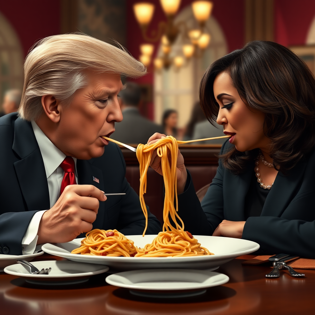 Photoreal style. 16:9. Donald Trump and Kamala Harris eating in an Italian restaurant a la the one in 'Lady and the Tramp.' Both humans are eating spaghetti from the same plate, and like in the movie, they end up eating the same strand of pasta, making their heads close to each other.