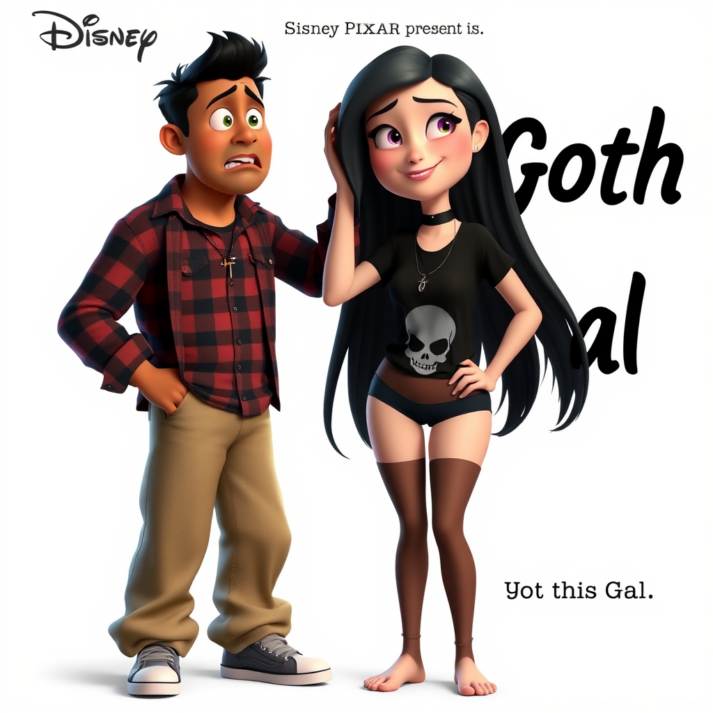 A Disney Pixar animation style 3-D poster titled "Disney Pixar Presents “Goth Gal”". There's a young tall, handsome, scared, and frightened South Asian male adult Christian wearing a cross around his neck, long khaki pants, and a plaid shirt and sneakers. He is being touched by a shorter, very attractive, fit-looking Gothic-style young adult woman of Northwestern European descent with long black hair. She is wearing a black t-shirt with a skull logo, a choker around her neck, and small black thong. She is barefoot. The background is white. The movie poster has the tagline "You couldn't resist her".