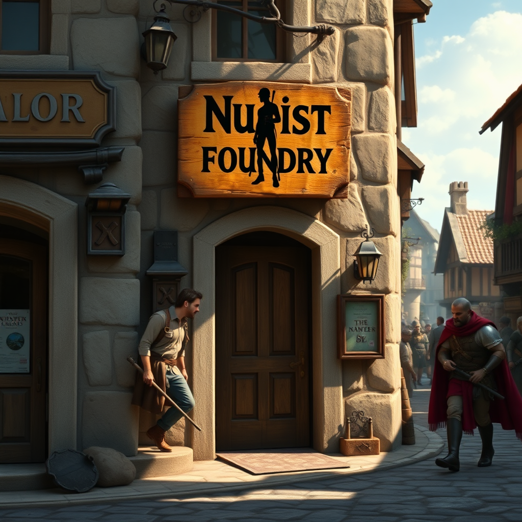 A city street in a fantasy village. Adventurer hastily leaving the door of a shop. Sign above the door says "Nudist Foundry" with a sign consisting of a silhouette image of a man holding a short pole with both hands pointing away from his midsection in a humorously erotic manner. City guards walk by, photorealistic matte painting.