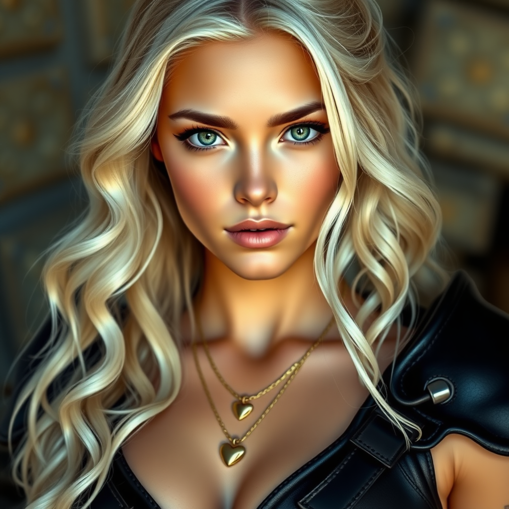 Portrait of a beautiful young woman with long wavy platinum blonde hair, green eyes, a suntan, large breasts, and light brown eyebrows. She is wearing black leather armor and a gold necklace with a small heart pendant.