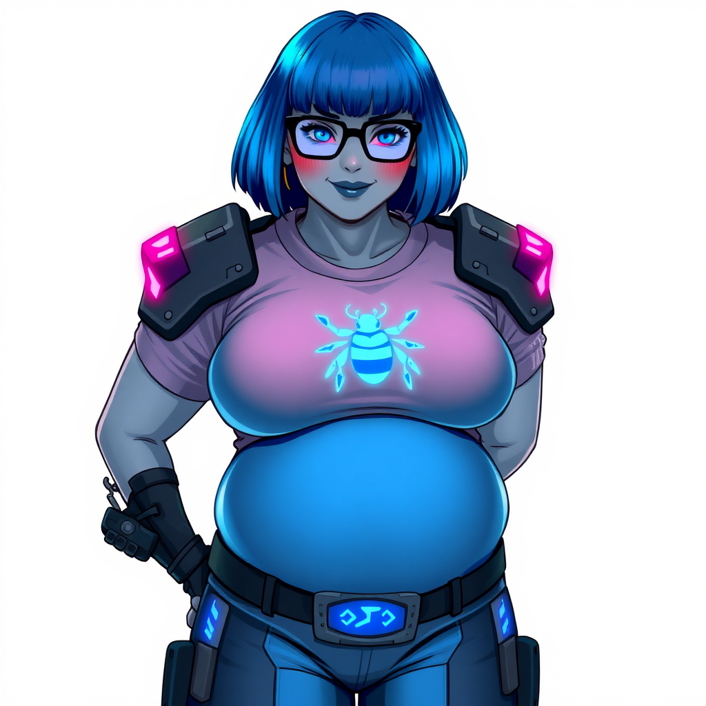 A 28-year-old, full-figured, middle gray-skinned computer program hybrid with a striking maximum blue bob cut. She has a non-athletic build, highlighted by a prominent, round, gigantic midsection (with heavy emphasis on her belly) that showcases the results of her pampering. As the cherished digital sidekick to her cyberpunk vigilante boyfriend, her middle gray metallic skin and maximum blue lipstick emphasize her digital essence. She dons a digital, computerized costume featuring a large, tight-fitting, maximum blue t-shirt with a neon blue glowing beetle icon on the chest, hi-tech shoulder pads with neon blue accents, a black hi-tech belt with a digital neon blue glowing beetle buckle, and digital maximum blue biker pants with neon blue accents. Her look is completed with black hi-tech fingerless biker gloves with neon blue glowing accents. Her neon blue glowing eyes, black eyeglasses with a neon blue glowing HUD built into the lenses, and a shy smile with neon red blush highlight her nerdy charm. She stands bashfully with her hands behind her back, her costume covering all her skin and emphasizing her full-figured physique, especially her belly. Despite her non-athletic build, she radiates beauty. Her slim face contrasts with her physique, accentuating her radiant beauty. She is depicted on a solid white background. She is drawn as if she were in a retro 2D cyberpunk fighting game.