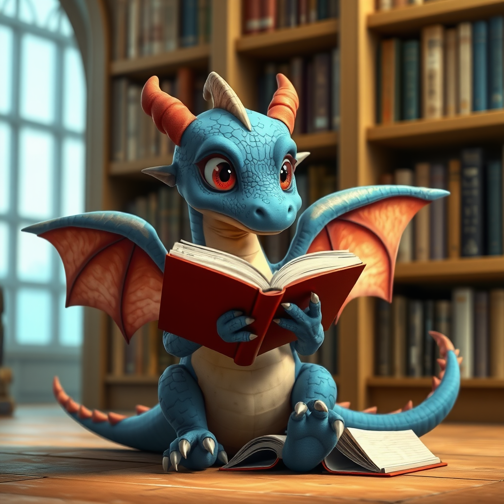 A realistic bored blue small dragon with two legs, two arms, black eyes with red pupils and wings in a library reading from a large book that is sitting on the ground beside him.