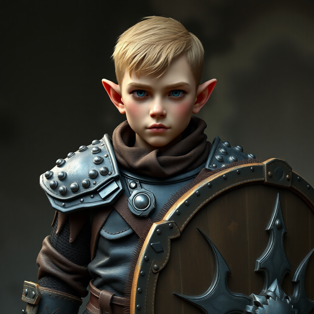 a halfling male without blue eyes, wearing a studded leather armor and a shield, photorealistic, 16k, no extralimb