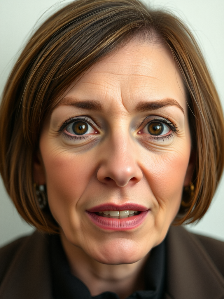 mature secretary, short brown bobcut, swept bang, brown piercing eyes, thick dark eyebrows, big nose, big mouth, big yellowish teeth, moles, skin imperfections, youthful, severe expression