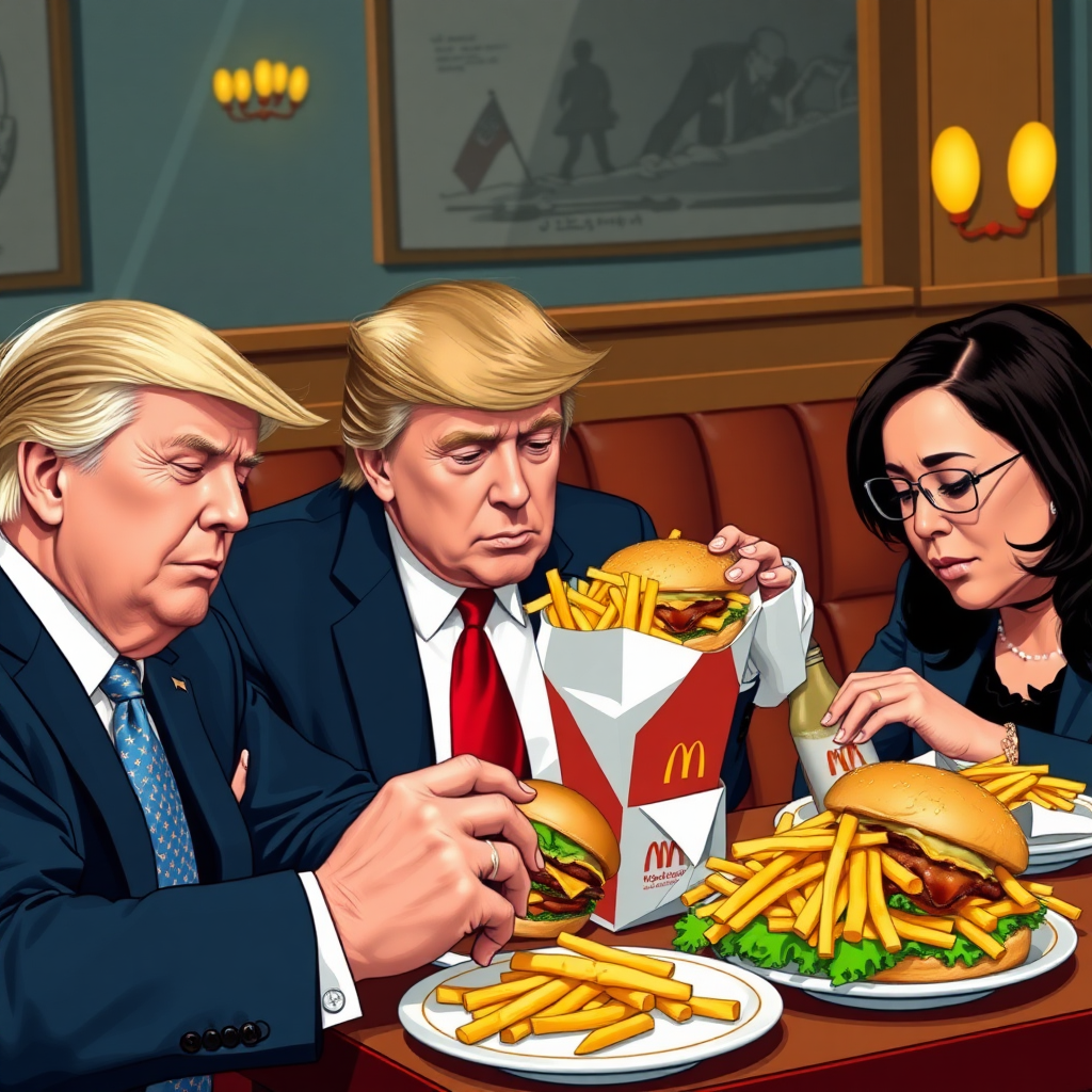 Donald Trump in a dining room eating tons of McDonald's for dinner with Joe Biden devouring two cheeseburgers and sleeping on the food with fries on his head, and Kamala Harris.