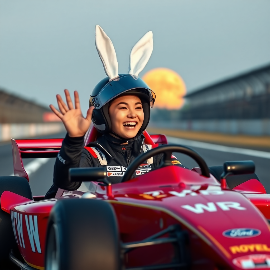 On the racetrack, there is a red Formula racing car with "WRT" written on it. A beautiful Chinese female racer, wearing a full-face helmet with white rabbit ears standing upright, is laughing as she waves one hand while gripping the steering wheel with the other. The background features a huge golden-yellow moon.