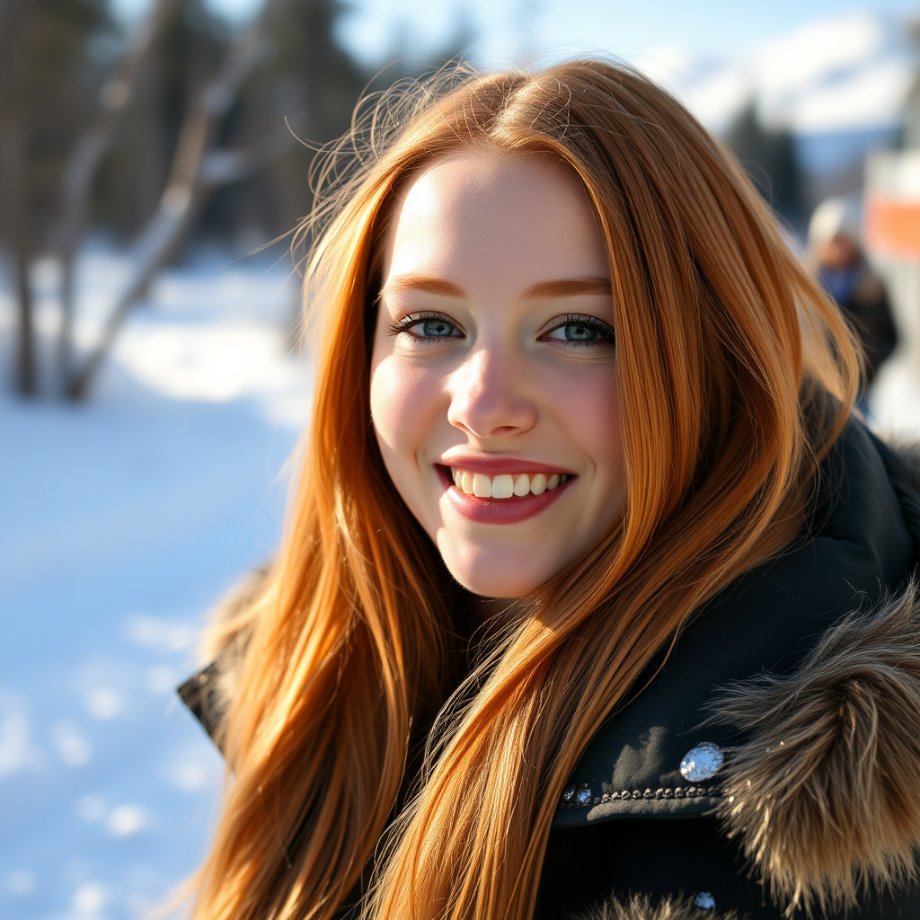 beautiful happy young woman with ginger cherry blonde long hair, full lips, perfect eyebrows, pale skin, on Alaska during winter in Anchorage on sunny snow day